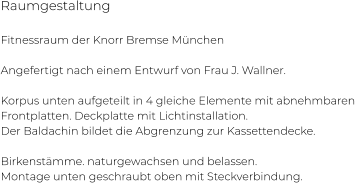 Raumgestaltung  Fitnessraum der Knorr Bremse München  Angefertigt nach einem Entwurf von Frau J. Wallner.  Korpus unten aufgeteilt in 4 gleiche Elemente mit abnehmbaren Frontplatten. Deckplatte mit Lichtinstallation. Der Baldachin bildet die Abgrenzung zur Kassettendecke.  Birkenstämme. naturgewachsen und belassen. Montage unten geschraubt oben mit Steckverbindung.